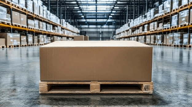 Boxed stock on a pallet in a warehouse